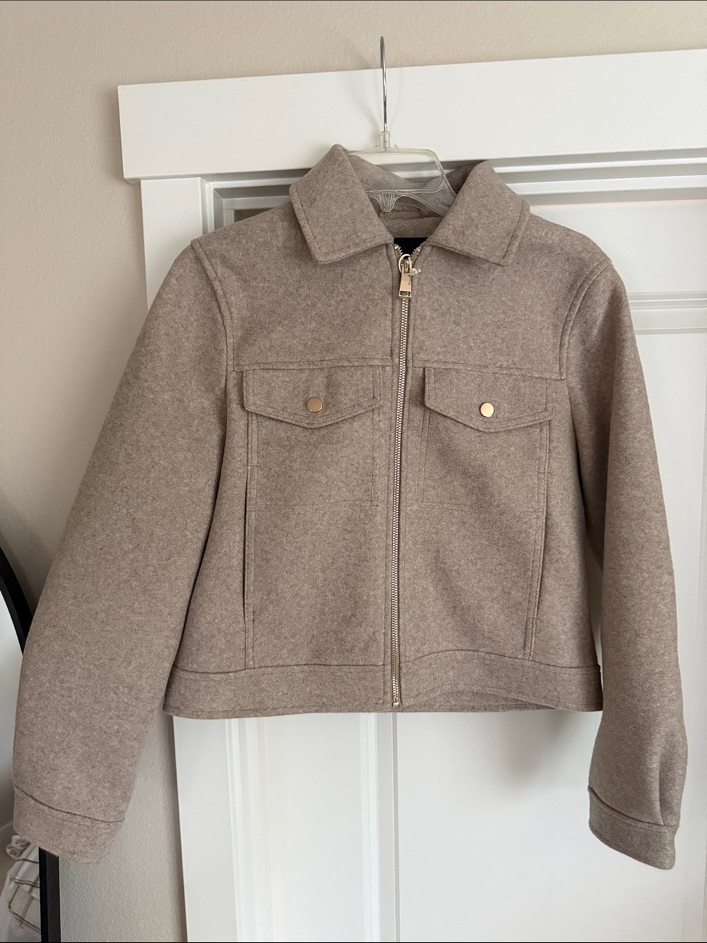 Zara Taupe Zip-Front Wool-Blend Pea Coat